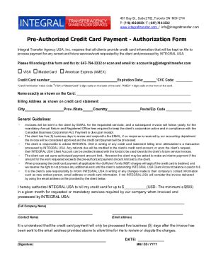 Fillable Online Integral USA 2019 Credit Card Pymt Auth Fillable PDF