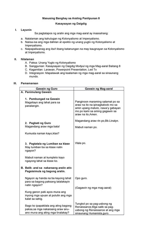 Lp Unang Yugto Ng Kolonyalismo Masusing Banghay Sa Araling