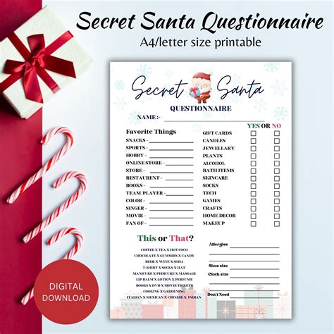 Secret Santa Questionnaire Printable Secret Santa Questions T