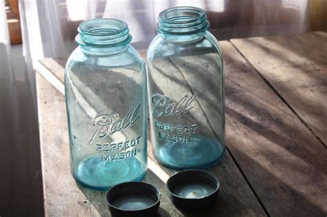 big two quart size vintage Ball Mason jars w/ zinc lids, old aqua blue ...