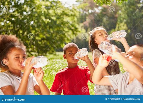 Children Drink Water During Summer Excursion Stock Photo Image Of