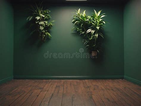 Habitación Vacía De Pared Verde Oscuro Con Plantas En Un Suelo Generado