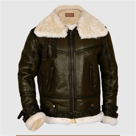 Army Green Men B3 Bomber Shearling Leather Jacket