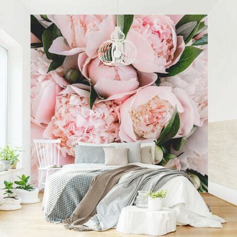 Carta Da Parati Peonie Rosa Con Foglie Formato Quadrato Dimensione