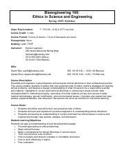 BioE 100 Fall 2020 Syllabus Pdf Bioengineering 100 Ethics In Science