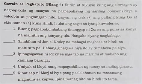 Gawain Sa Pagkatuto Bilang 4 Suriin At Tukuyin Kung Ang Sitwasyon Ay