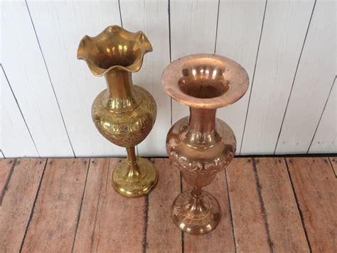 Vintage Brass Vase Set Of 2 8 Brass Vases With Etched Floral Flower And Leaf Design Made In India