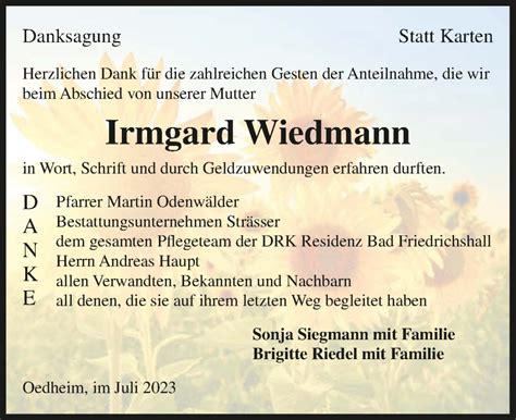 Traueranzeigen Von Irmgard Wiedmann Trauerundgedenken De