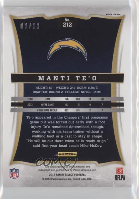 2013 Panini Select Silver Prizm Jersey 99 Manti Te O 212 Rookie Auto