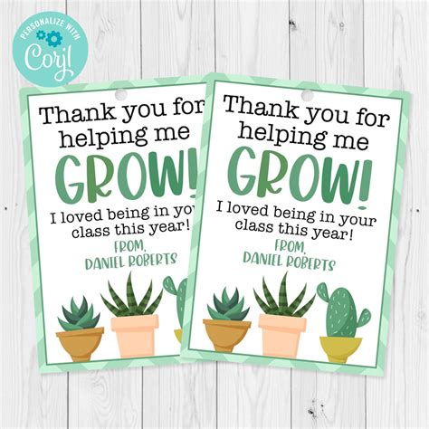 Plant Succulent Gift Tag Template Thank You For Helping Me Grow