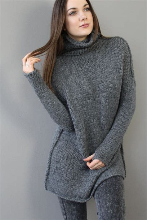 Grey Alpaca Oversized Slouchy Loose Woman Knit Sweater Chunky Knit