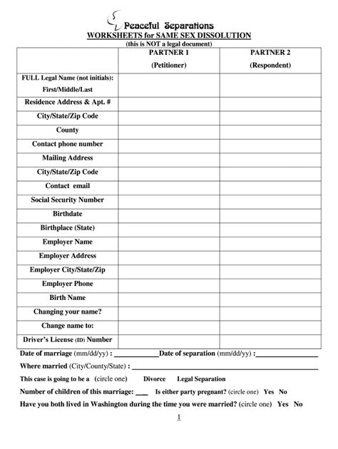 Fillable Online Peaceful Separations Worksheets For Same Sex Dissolution Fax Email Print Pdffiller