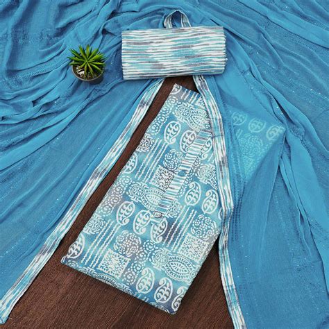 Blue Printed Pure Cotton Dress Material