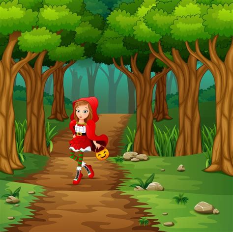 Chica con capucha roja están en el pueblo en el bosque Vector Premium