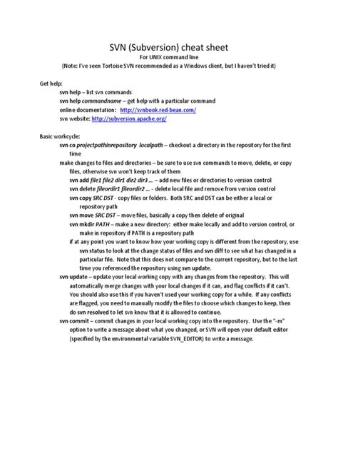 Svn Subversion Cheat Sheet Pdf Computer File Version Control