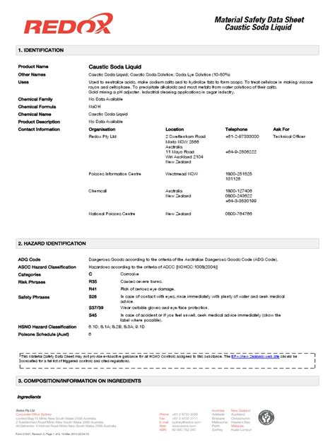 Material Safety Data Sheet Caustic Soda Liquid Pdf Sodium Hydroxide Combustion