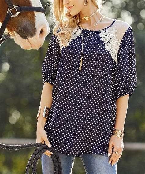 Love This Suzanne Betro Navy White Polka Dot Lace Accent Tunic