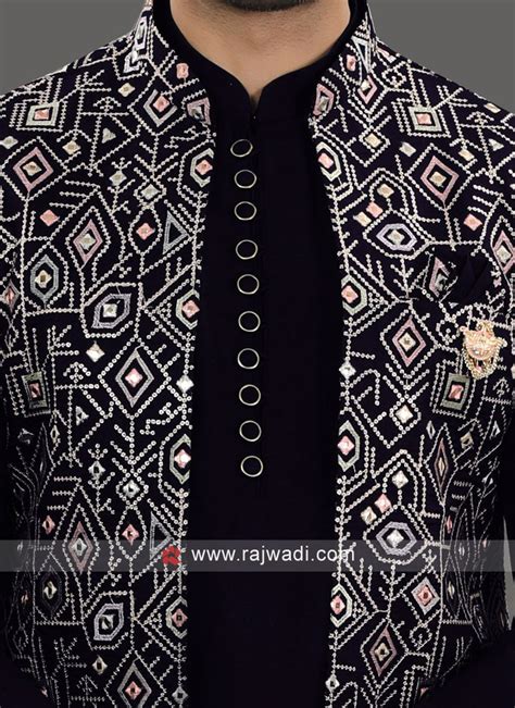 Stylish Thread Work Nehru Jacket Set In Navy Blue