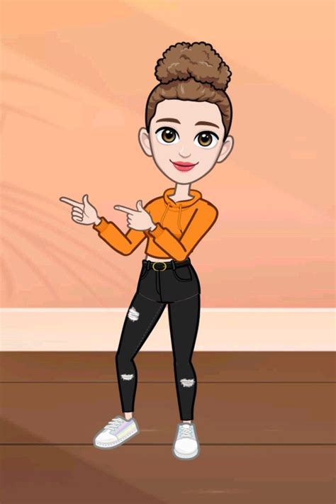 A Cartoon Girl In An Orange Shirt And Black Pants Pointing To The Side