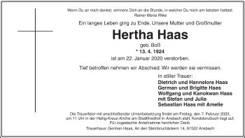 Traueranzeigen Von Hertha Haas Trauer Flz De