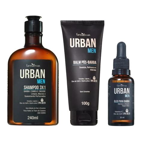 Kit Urban Men Shampoo Masculino Óleo De Barba Pomada Ganhe Necessaire Farmaervas Escorrega