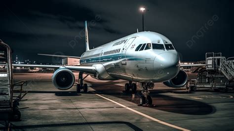 An Airplane Sitting On The Tarmac At Night Background Airplane Waiting