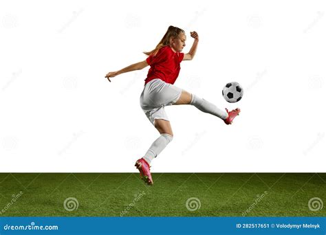 Dynamic Image Of Female Athlete Young Girl Football Player In Motion