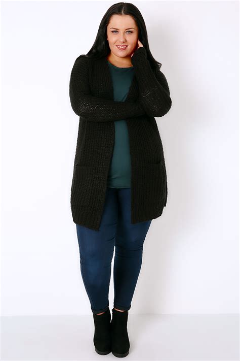 Black Longline Chunky Knit Cardigan With Pockets Plus Size 16 To 32