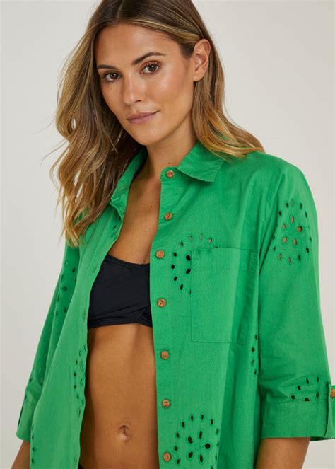 Green Broderie Beach Shirt Matalan