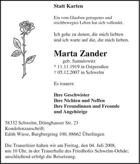 Traueranzeigen Von Marta Zander Trauer In Nrw De