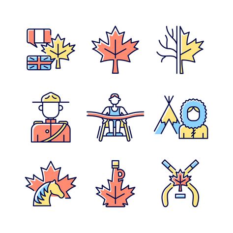 Canadian representation RGB color icons set. Official country symbols. Significant marks of