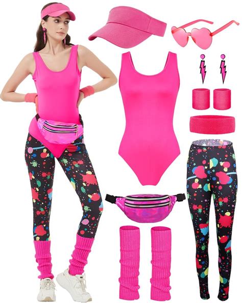 Wildparty Womens 80s Outfit Workout Costume Accessories Setsun Hat Glasses Leotard Legging