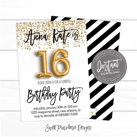 16th Birthday Invitation Editable Sweet 16 Birthday Party Invite