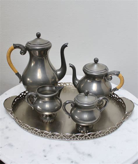 Vintage Dutch Royal Holland Pewter Kmd Tiel Coffee And Tea Service Set With Metawa Serving Tray