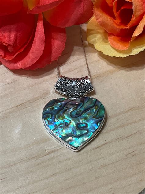 Large Beautiful Abalone Shell Heart Pendant Necklace Sterling Silver