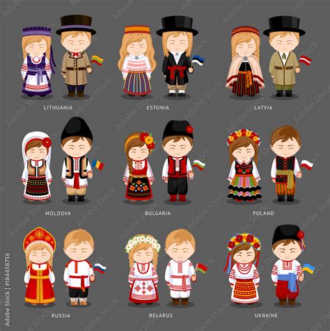 People in national dress. Latvia, Lithuania, Estonia, Bulgaria, Moldova ...