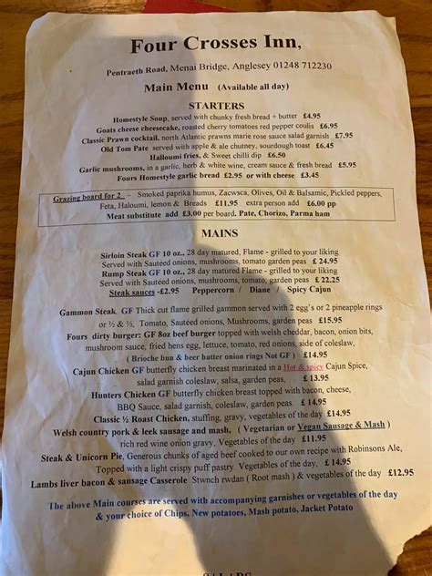 Menu At Four Crosses Menai Bridge Pub And Bar Menai Bridge Four Crosses Pentraeth Road