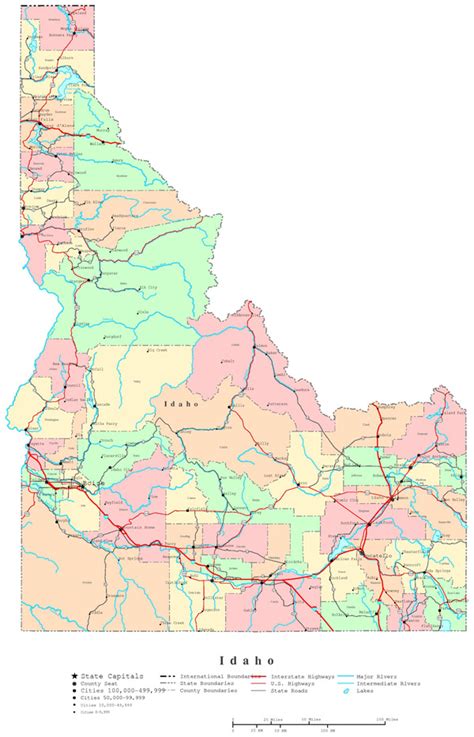 Detailed administrative map of Idaho with roads, highways and major ...