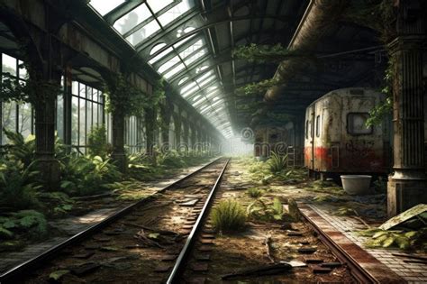 A Deserted Train Station Platform Tracks Overtaken By Nature Stock