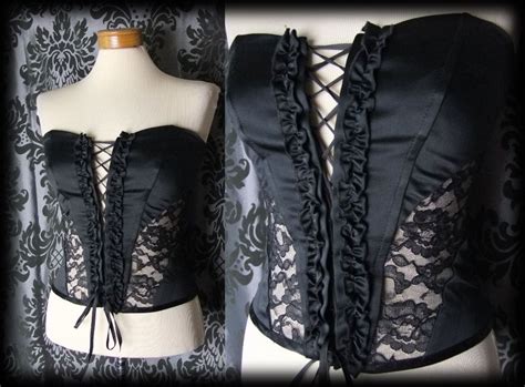 Goth Black Satin Frill Infernal Boned Lace Up Corset Top 8 10 Victorian