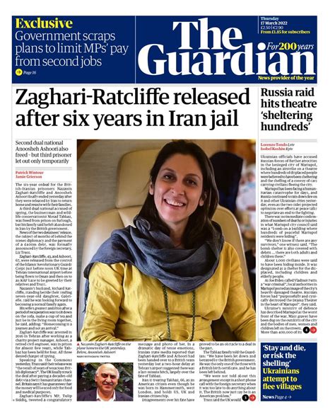 Guardian Front Page 17th Of March 2022 Tomorrows Papers Today