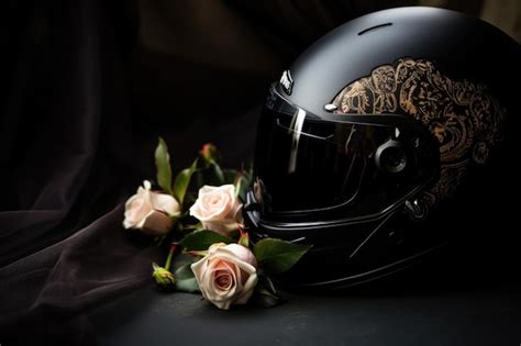 Premium Ai Image Gothic Still Life With Black Motorcycle Helmet And