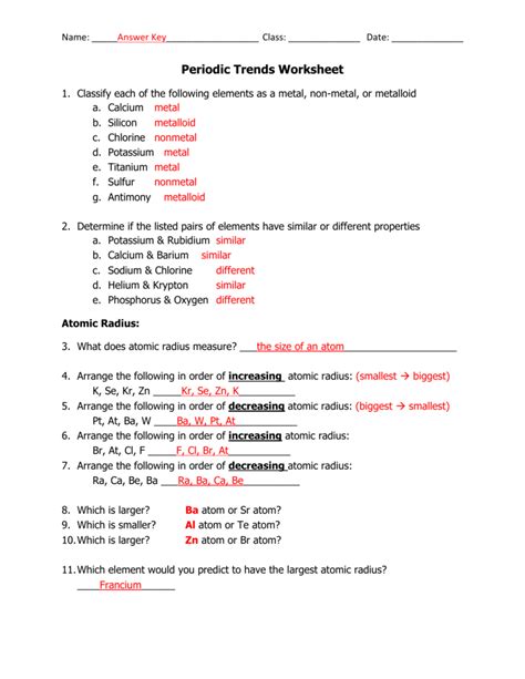 Periodic Trends Worksheet Answer Key