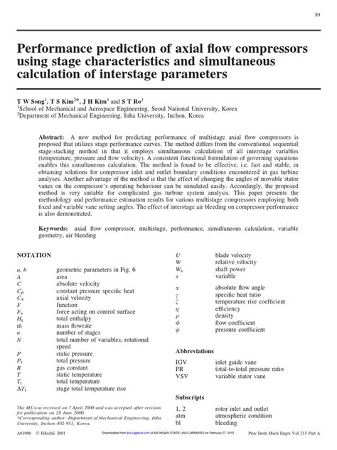 Performance Prediction Of Axial Flow Compressors Using Stage Characteristics Pdf Download Free