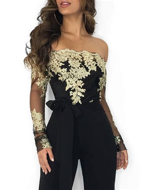 Flower Embroidery Off Shoulder Wide Leg Jumpsuit Elegante Jumpsuits