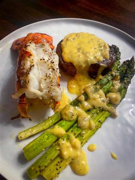 [homemade] Surf And Turf Dinner Sous Vide Filet Mignon Broiled Lobster Tail And Oven Roasted