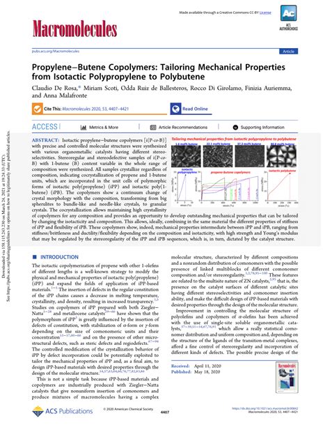 (PDF) Propylene–Butene Copolymers: Tailoring Mechanical Properties from Isotactic Polypropylene ...