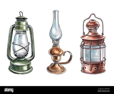 Set Of Kerosene Lamps Isolated On White Background Old Lanterns On