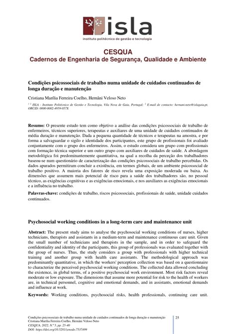 Pdf Condições Psicossociais De Trabalho Numa Unidade De Cuidados