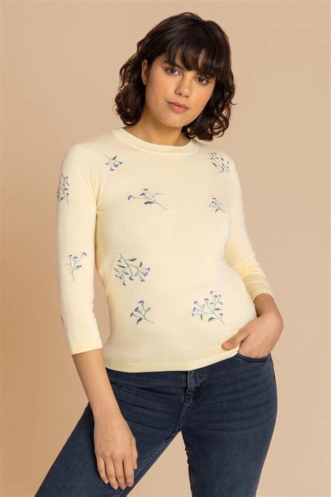 Floral Embroidered Crew Neck Jumper In Lemon Roman Originals Uk